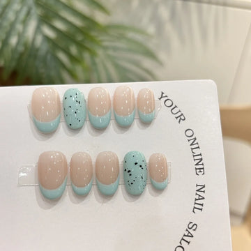 Qfdian Handmade Refreshing Mint French Short Oval Press On Nails Eggshell Design False Nails Wearable Manicure For Women And Girls